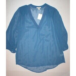 New Womens NWT Pleione Textured L Blue Blouse Top Nordstrom Tunic Nice Sheer USA